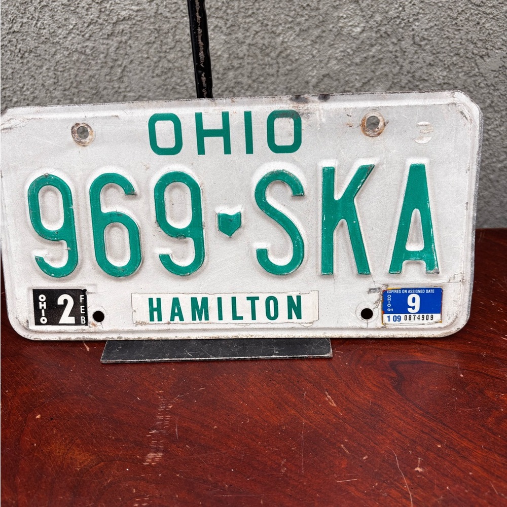 Vintage Ohio License Plate - White with Teal Green Letters